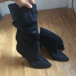 Sparkly Black Stoned Heeled Boots